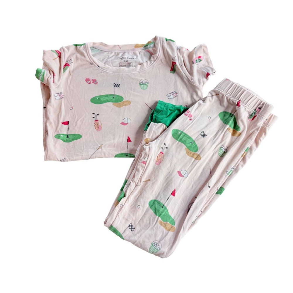 Angel Dear Pajama Set Kids 3-4T Pink Golf Print Bamboo Viscose Short Sleeve